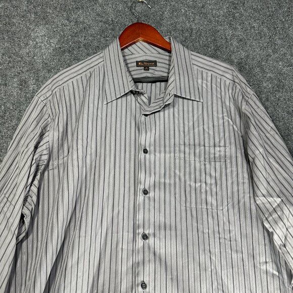 Ben Sherman Shirt Mens 18 Button Up Gray Stripe Cotton Long Sleeve Pocket - Picture 4 of 8